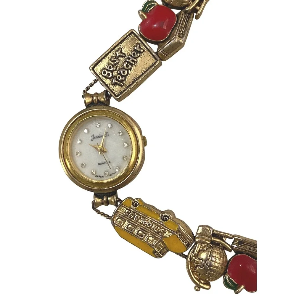 Vtg Y2K Jennie B Watch Women Gold Tone Enamel Charm Bracelet School Teacher 7.5
